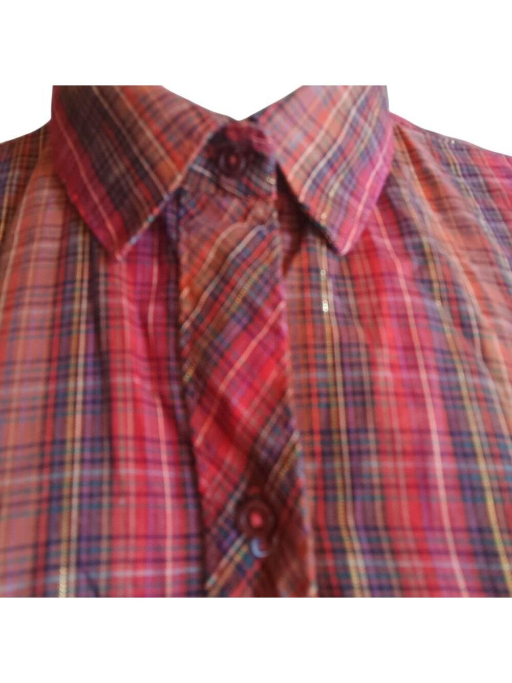 True Vintage Boho Top Small Hippy Plaid 70's Button-Up Gold Thread Boho Blouse